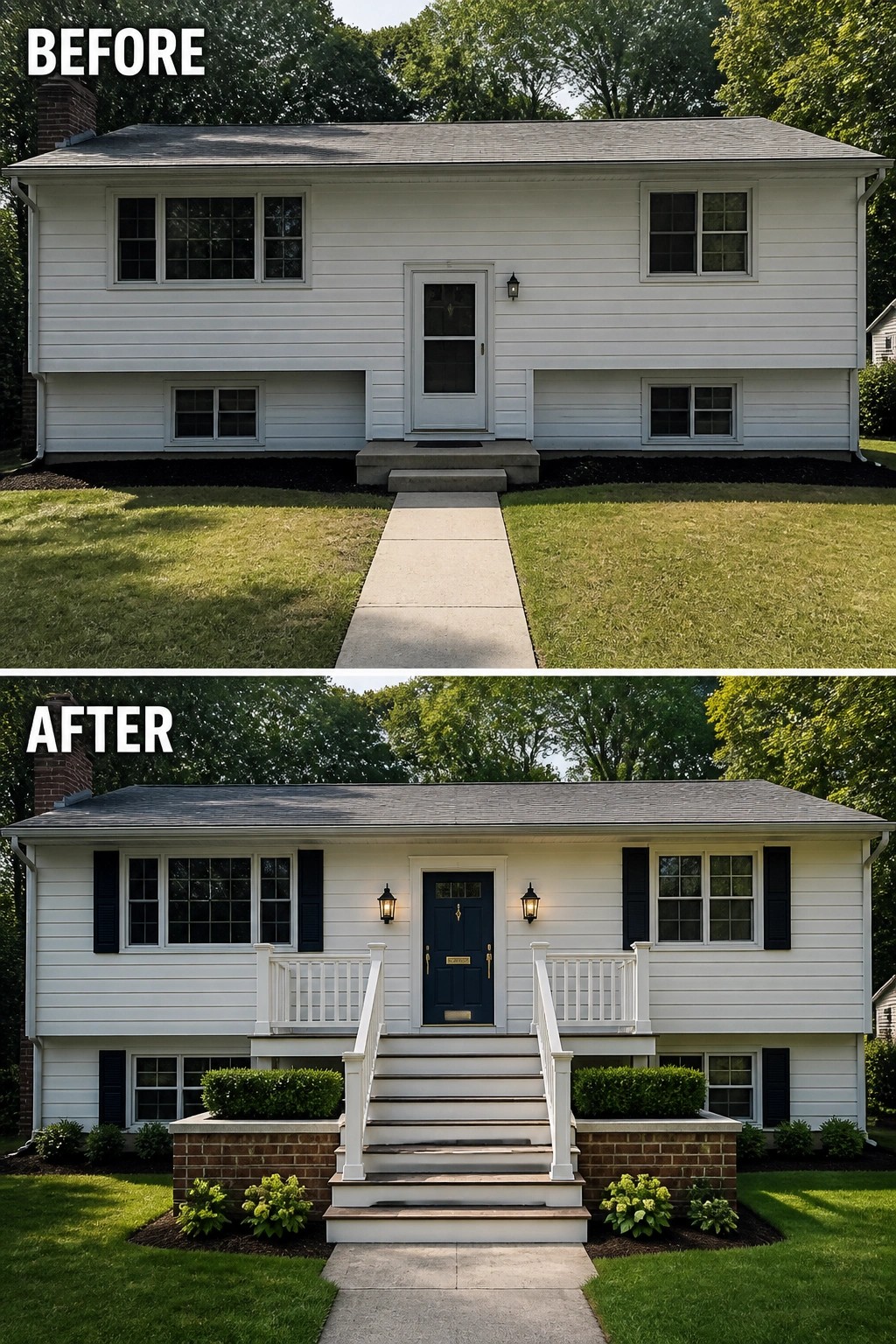 Before-and-after image of a split-level house where a plain front was updated with a centered staircase and small porch, painted front door, shutters, and planters.