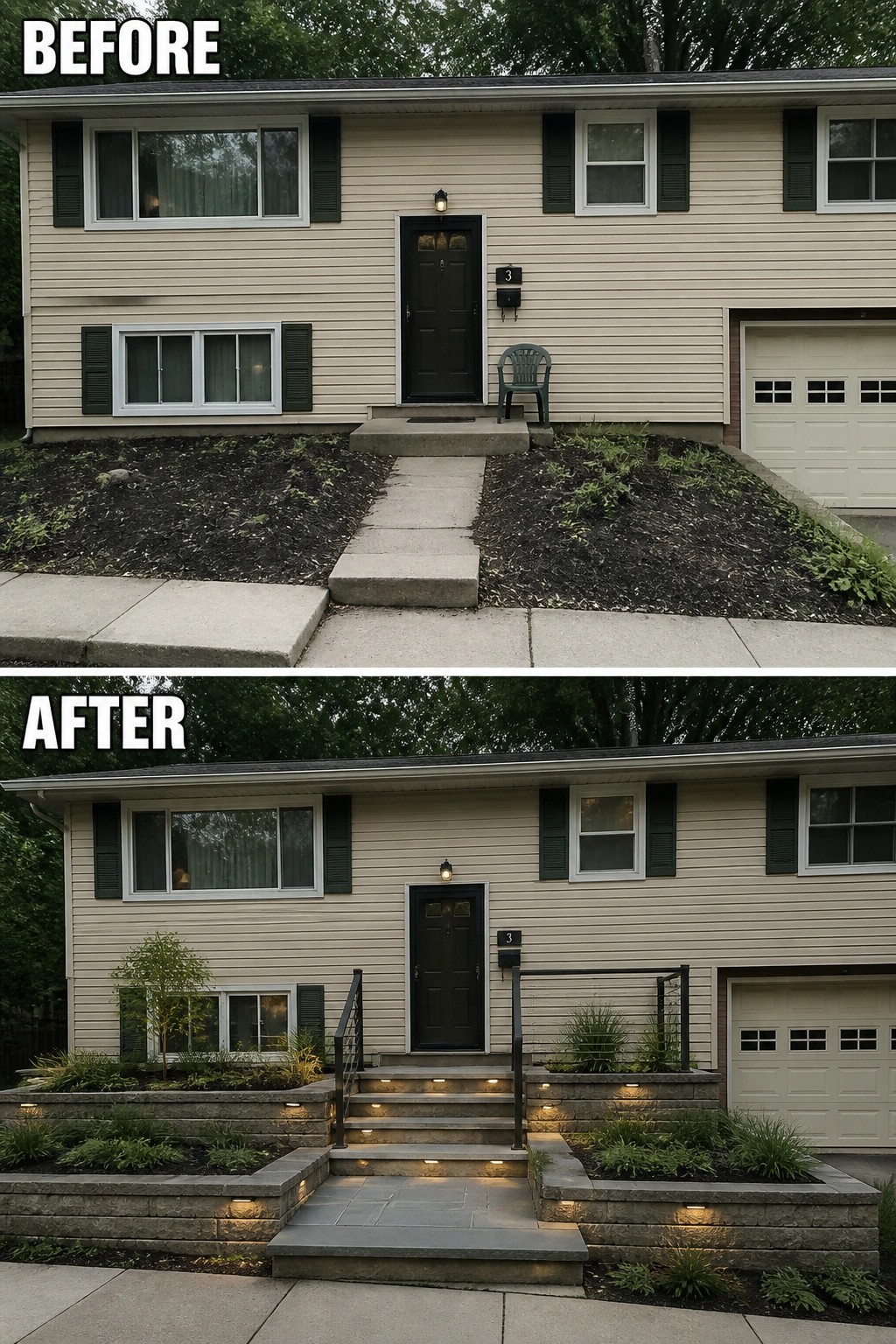 Before-and-after image of a split-level front entry changed from bare soil to a defined approach with stone retaining walls, new steps, railings, planting beds, and built-in step lighting.
