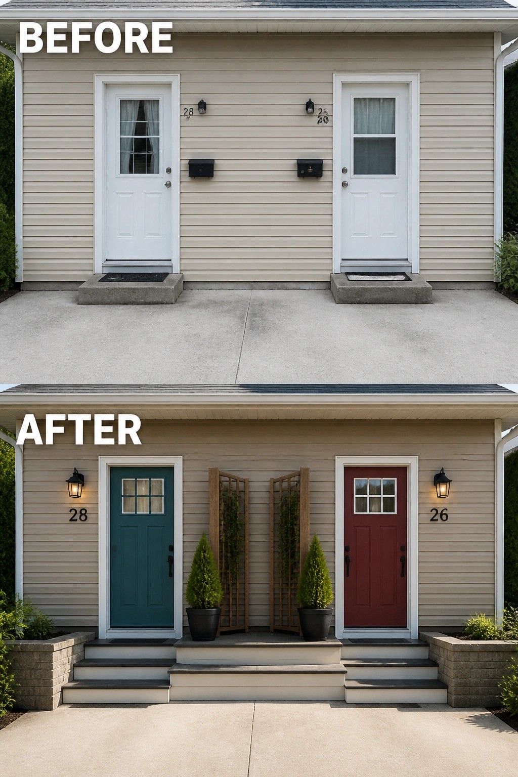 Before-and-after image of a flat twin-entry facade upgraded with a raised shared landing, new colored doors, exterior lanterns, and potted plants.
