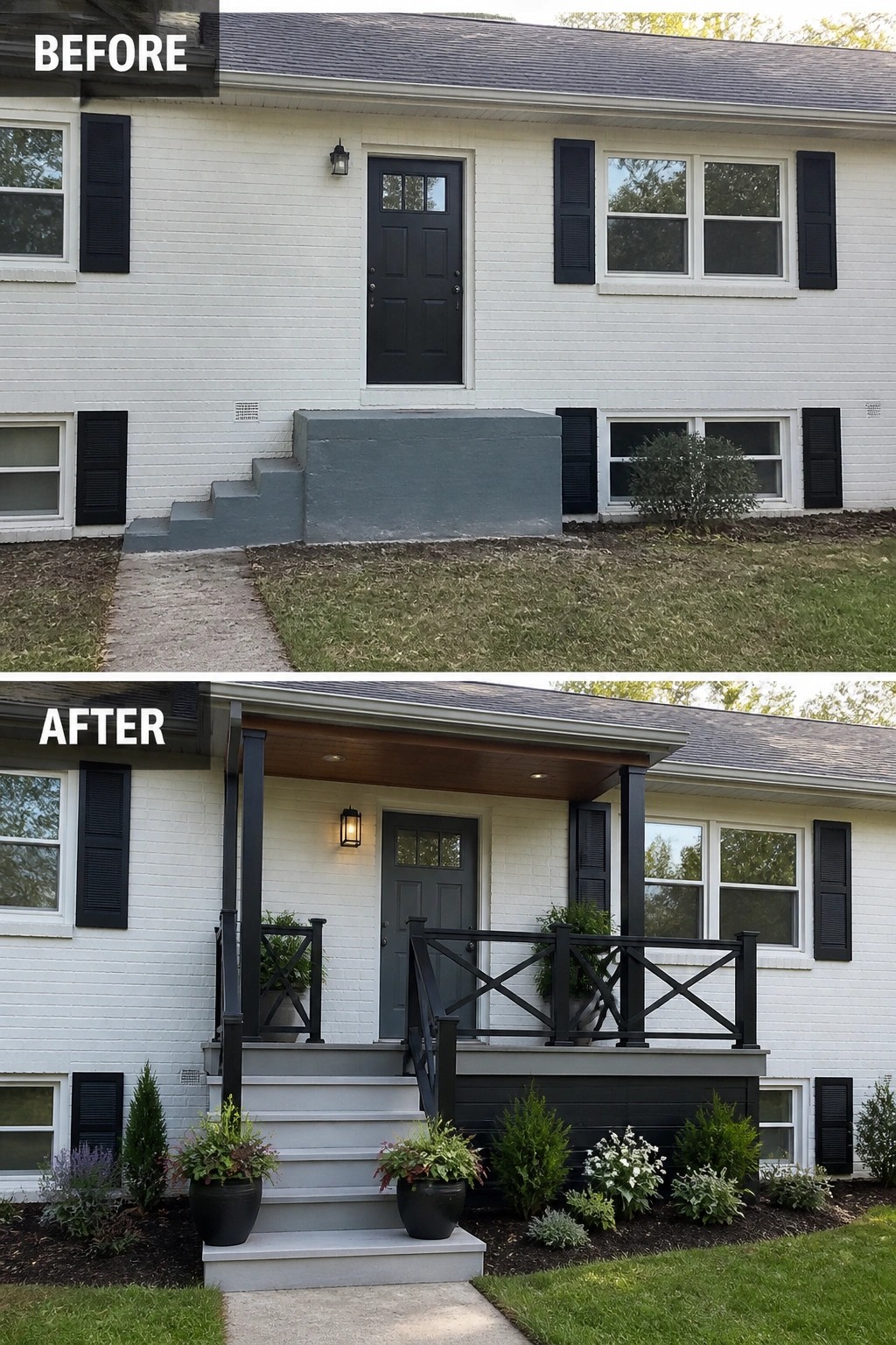Before-and-after image of a plain raised concrete stoop turned into a small covered front porch with stairs, railing, planters, and a wall lantern.