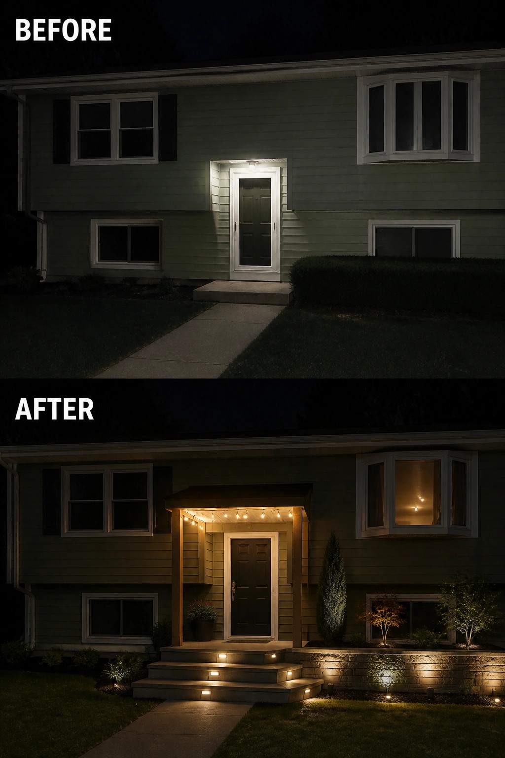 Before-and-after image of a split-level front facade updated from a plain recessed door to a small covered porch with columns, step lighting, and planted accents.
