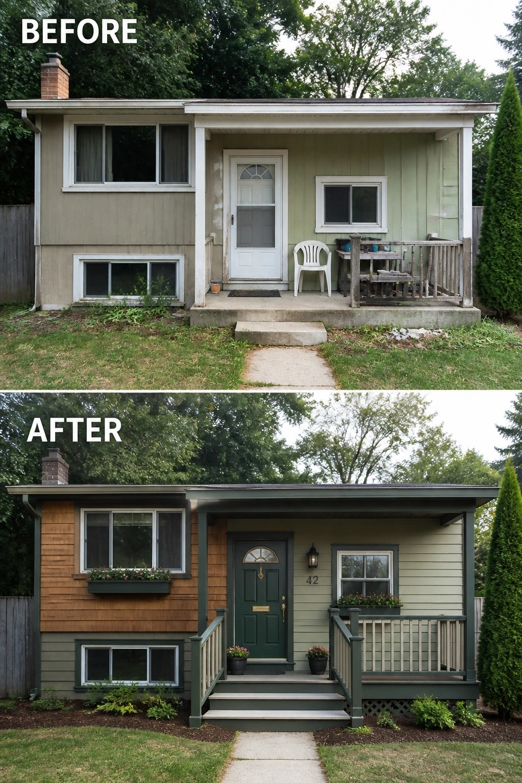 Before-and-after image of a split-level house showing a plain porch updated with a painted front door, added steps and railings, and potted plants.