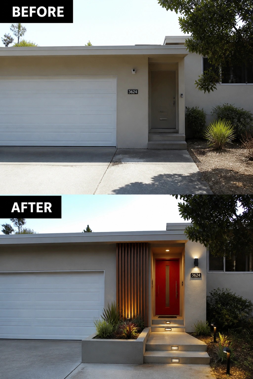 Before-and-after image of a plain front facade updated with a framed entry featuring vertical wood slats, a raised planter, a new colored door, and integrated step and wall lighting.