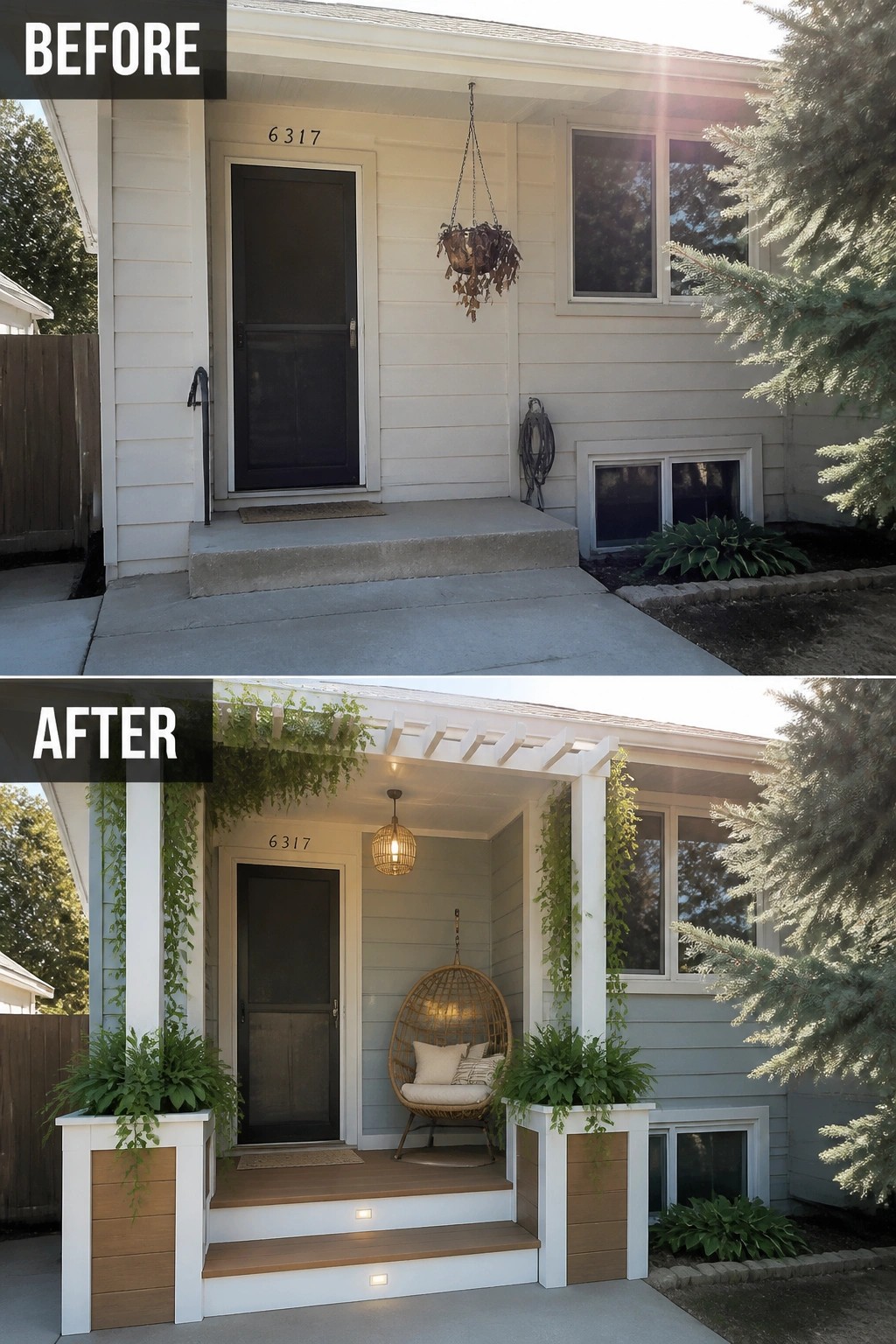Before-and-after image of a plain front stoop updated into a small covered porch framed with posts and planters, with added seating and step lighting.