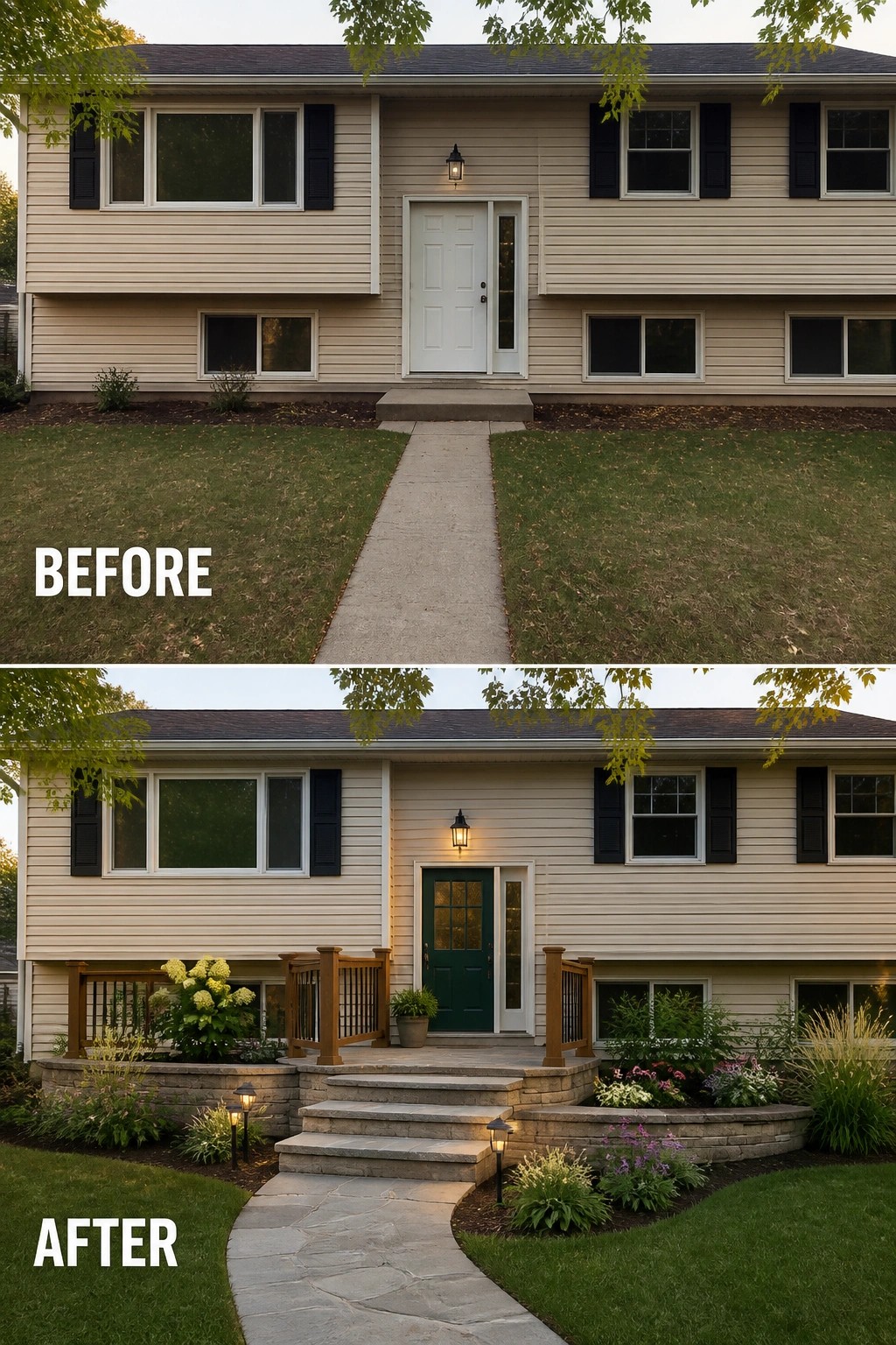 Before-and-after image of a split-level house where a plain concrete path and single step are updated with stone steps and landing, a small porch with railings, planted borders, and entry lighting.