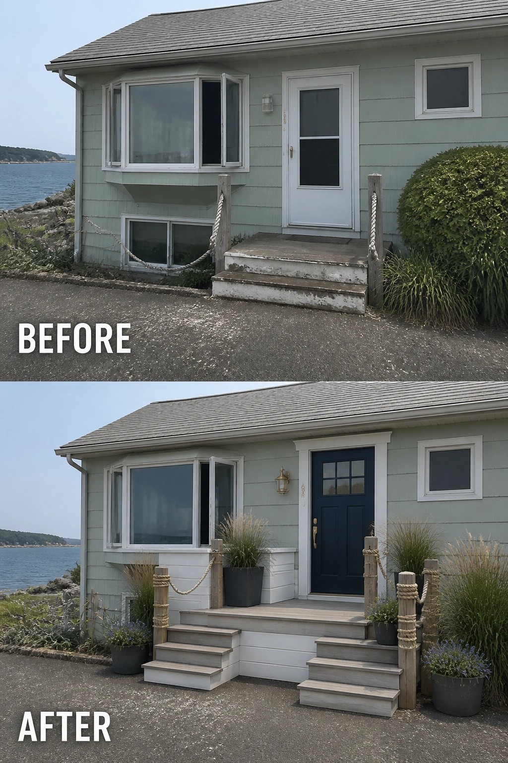 Before-and-after image of a plain concrete stoop updated into a defined entry with a painted front door, multi-level steps, planters, and rope-post railings.