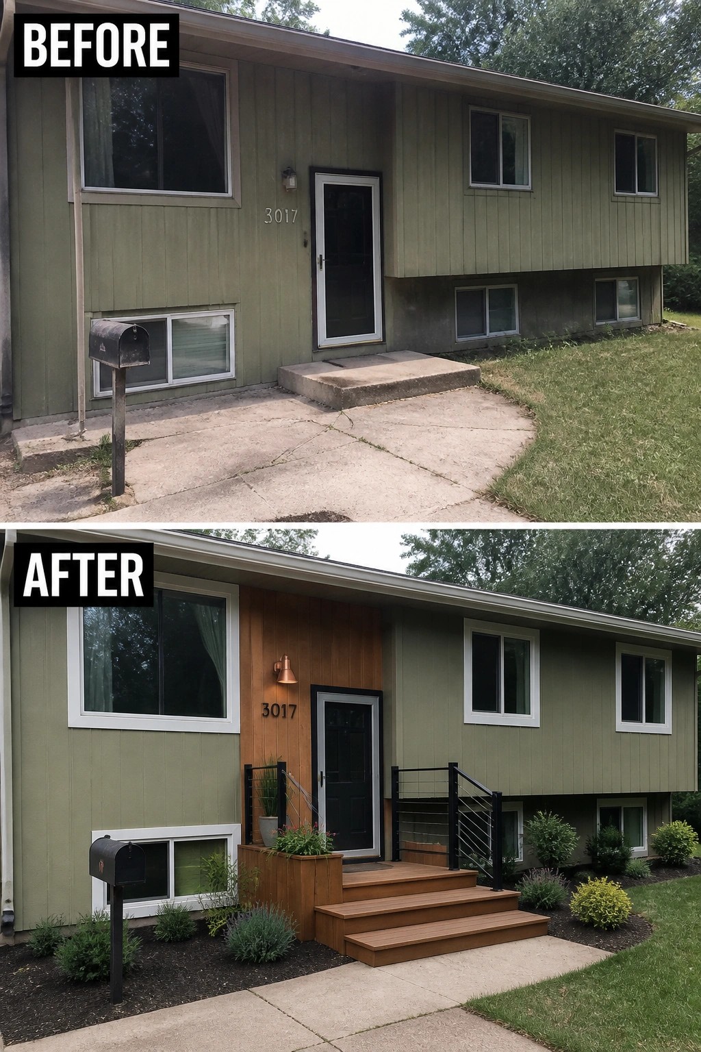 Before-and-after image of a split-level front showing a flat facade updated with a small wood-clad entry platform, black cable railing, new trim and lighting, and planted borders.