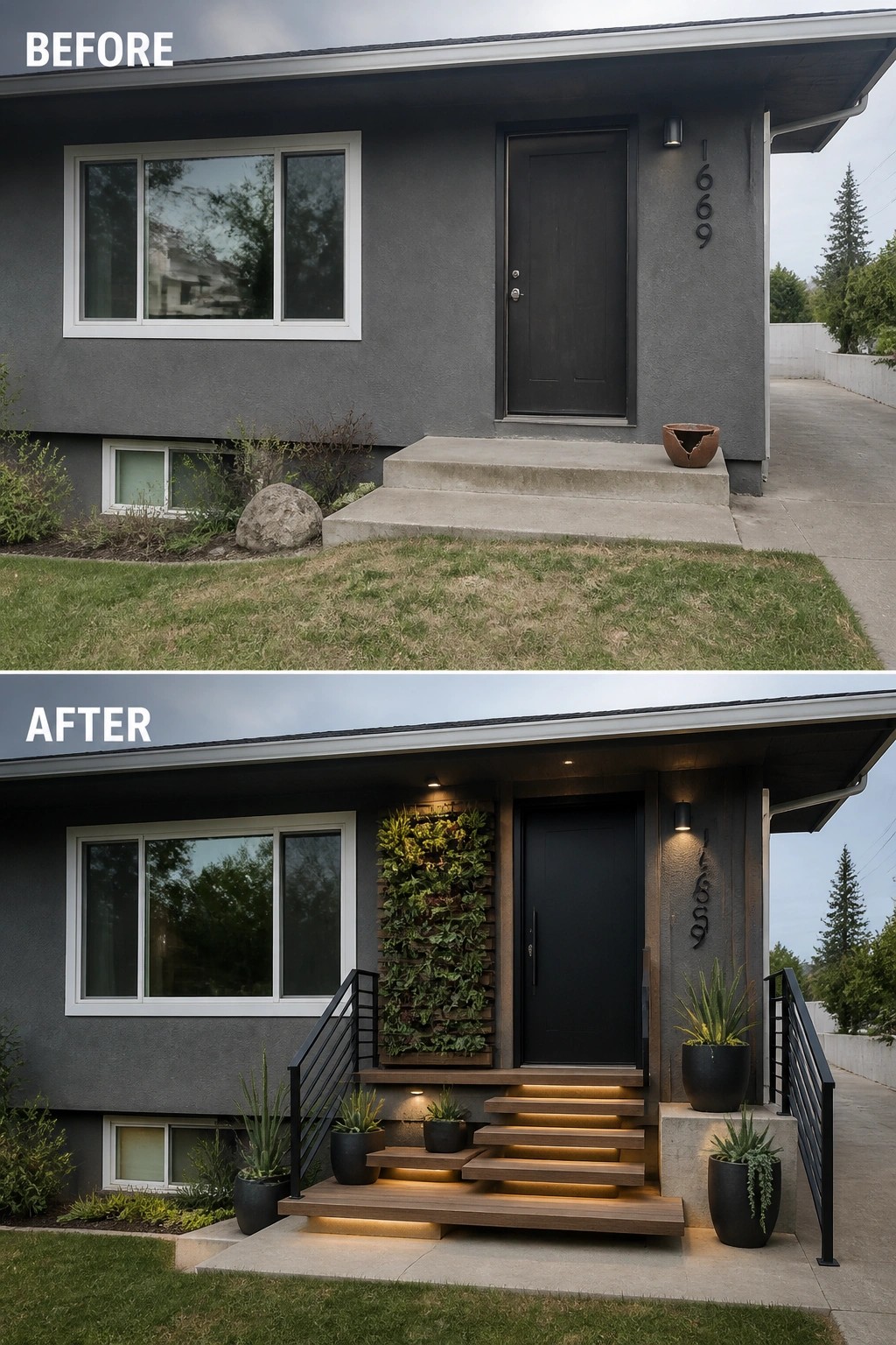 Before-and-after front entry: gray stoop transformed into illuminated floating wooden steps, black door, green wall