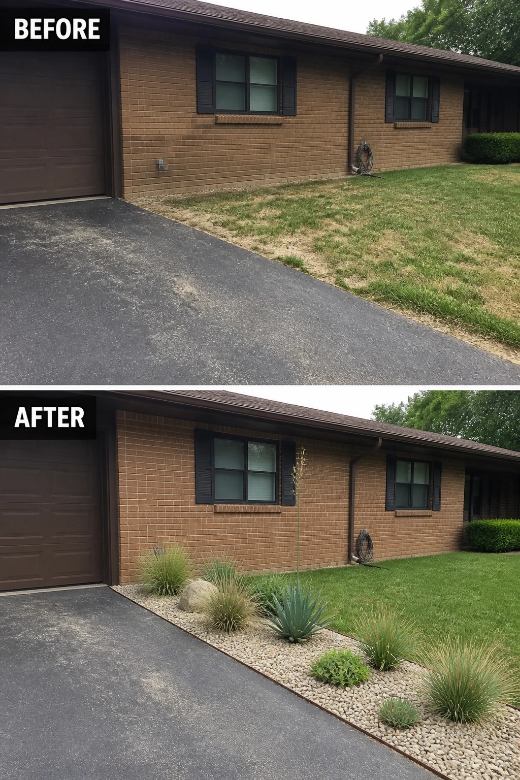 Before-and-after image of a brown brick ranch where a narrow strip of lawn beside the driveway was replaced with a gravel planting bed with succulents, ornamental grasses, and a boulder.