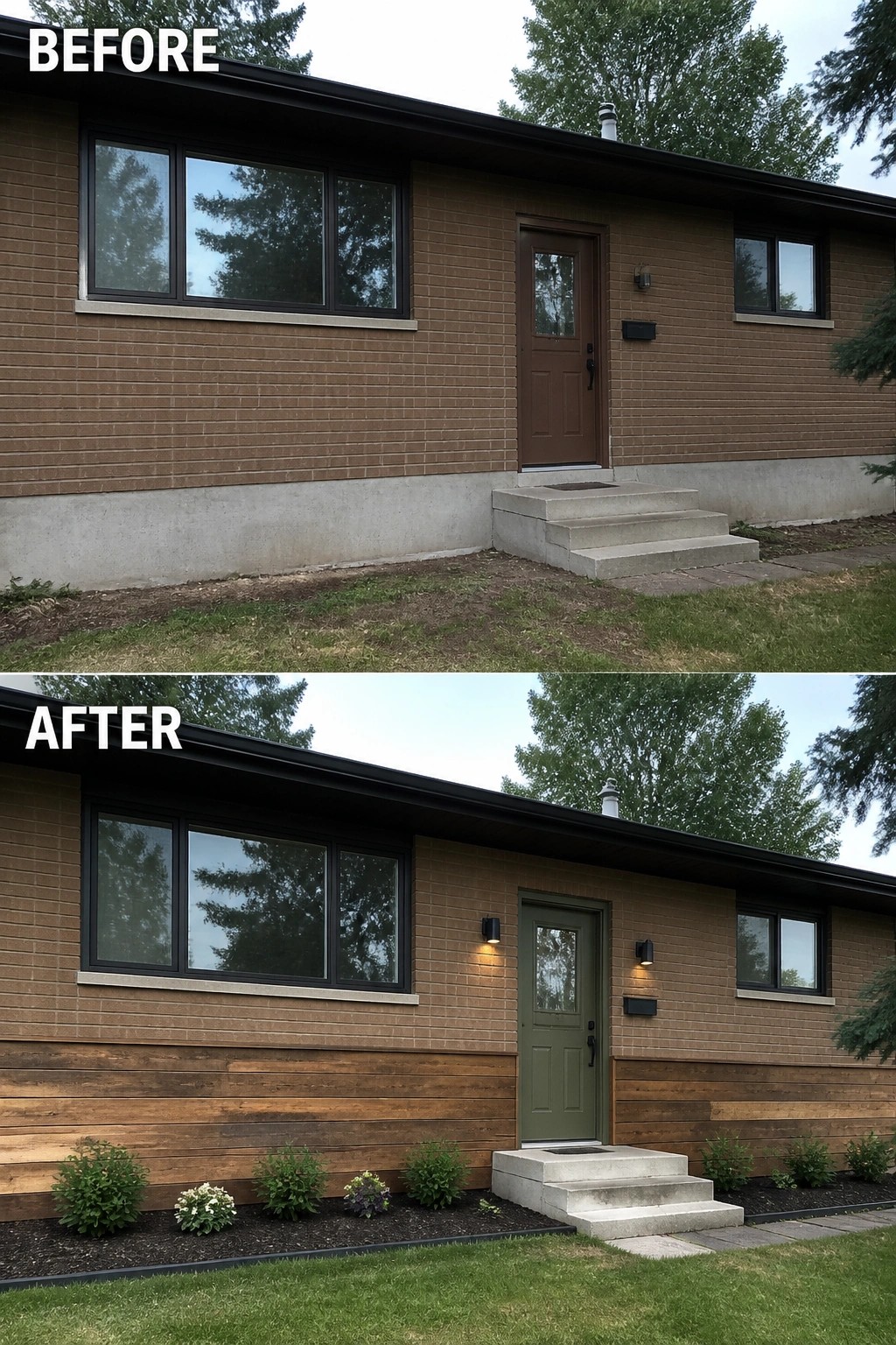 Before-and-after image of a brown brick ranch front where a lower horizontal wood siding band, a painted front door, wall lights, and a planted bed were added.