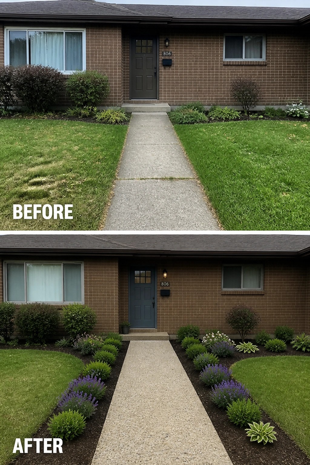 Before-and-after image of a brown brick ranch front yard where patchy grass and undefined borders are replaced by mulched, edged planting beds with low shrubs lining the sidewalk.