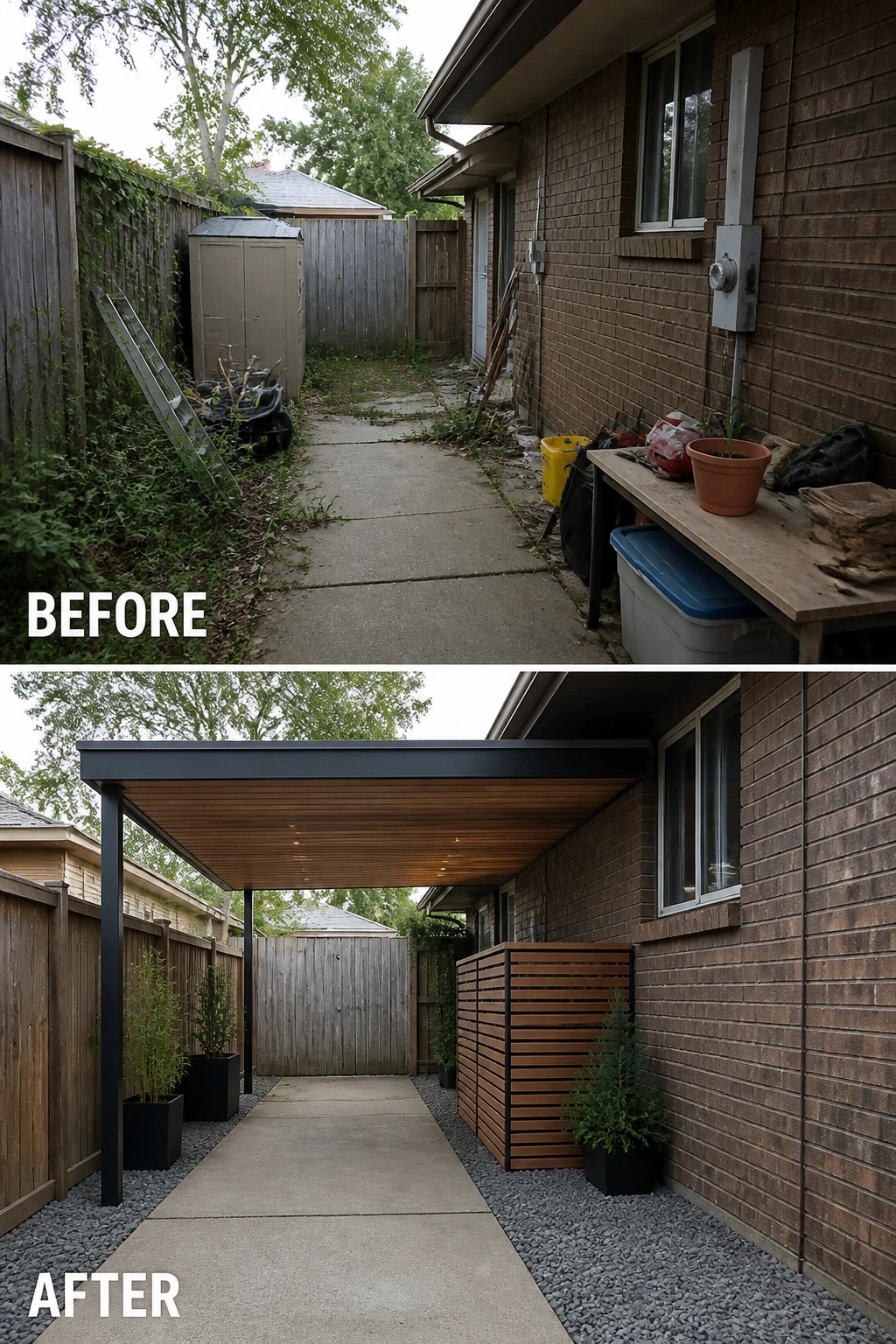Before-and-after image of a narrow side yard changed into a covered outdoor walkway with a wood-paneled roof and a slatted wood screen.