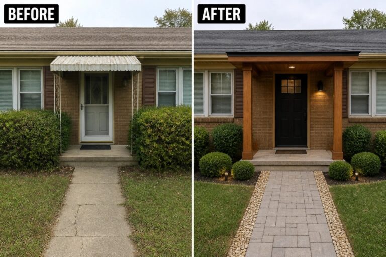 20 Fresh 70s Ranch Exterior Remodel Ideas for Brown Brick Facades Before-and-after image of a plain front entry where a small metal awning and concrete step are replaced by a covered wood porch, a new dark door, a paver path, and planted borders.