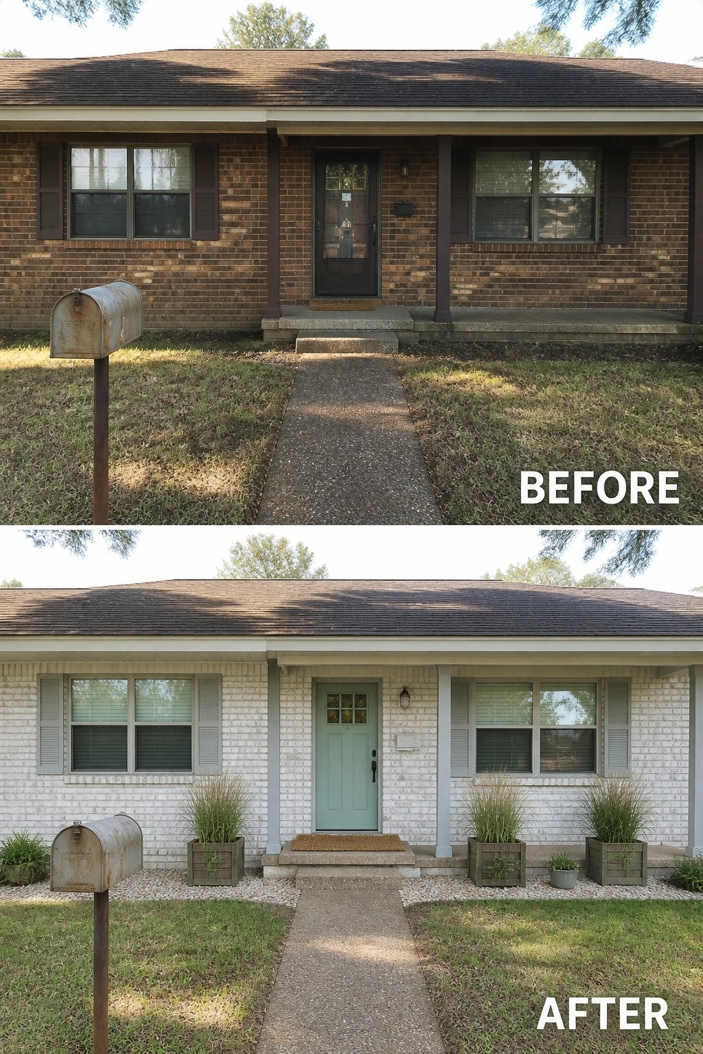 Before-and-after image of a brown brick ranch front updated with painted white brick, a mint-colored front door, and added planters with gravel beds.