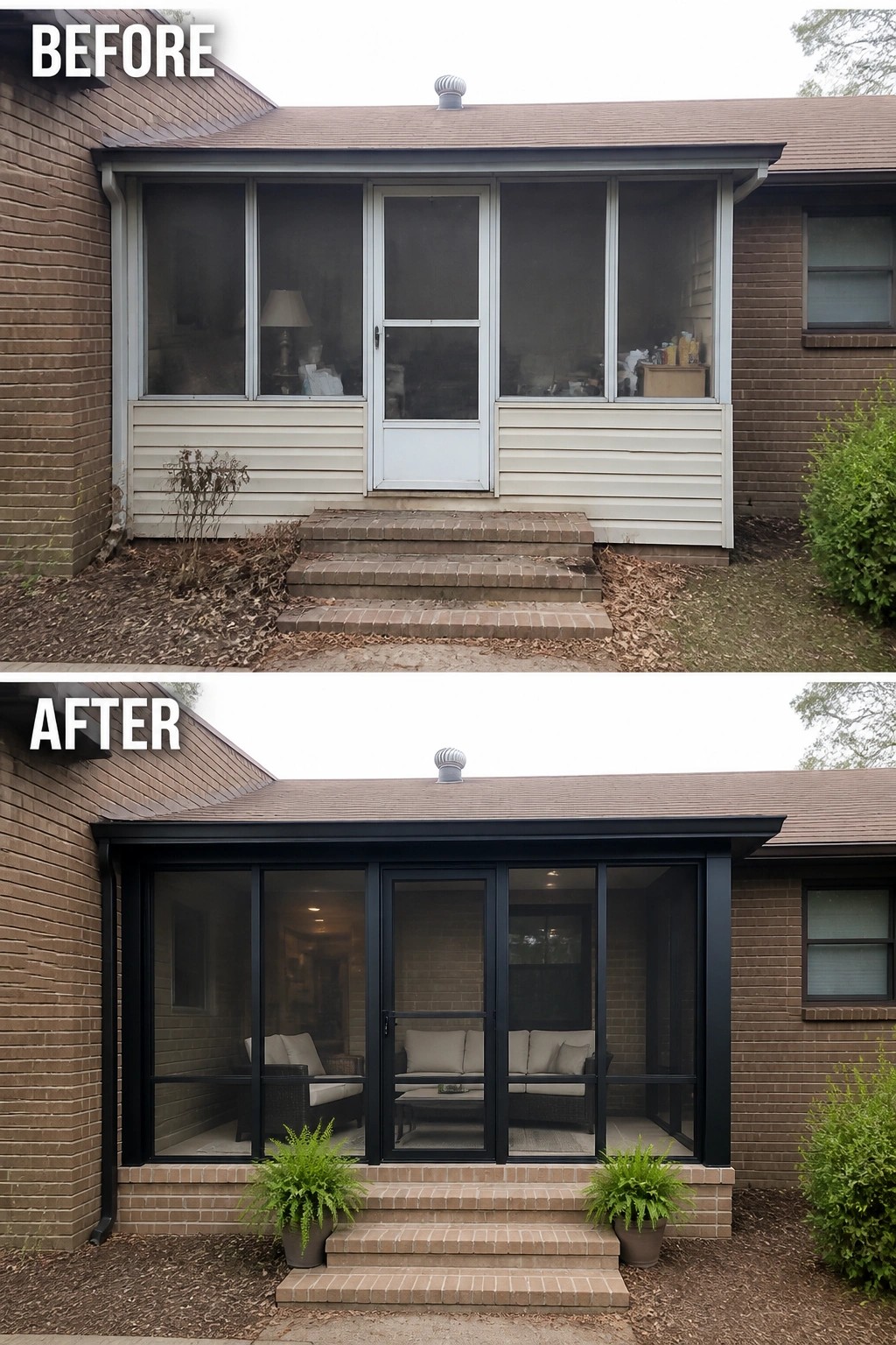 Before-and-after image of a plain screened porch updated with dark-framed screens, new seating, and potted ferns.