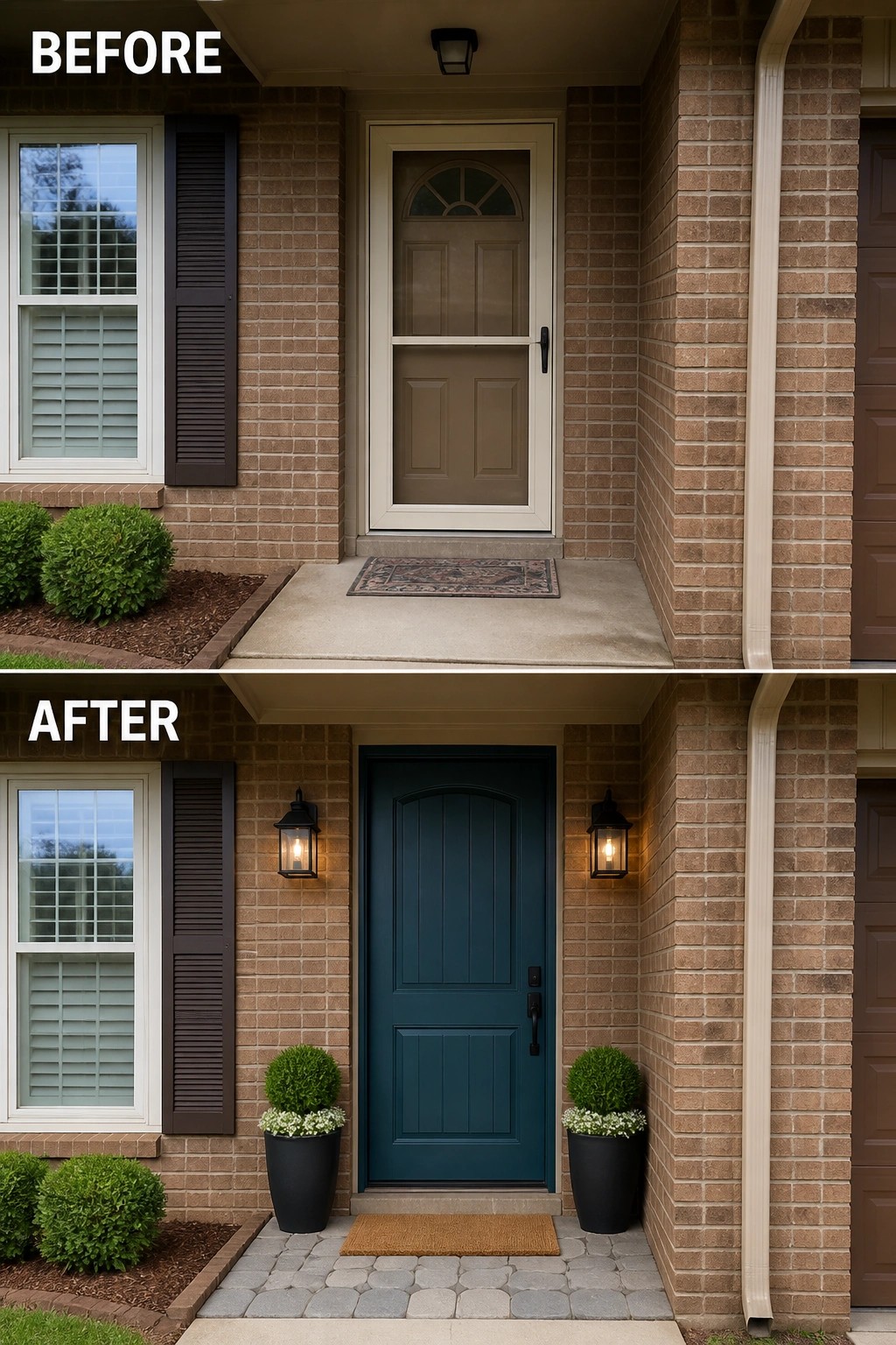Before-and-after image of a plain front porch updated with a painted solid front door, new wall lanterns, paired planters, and a paver threshold.