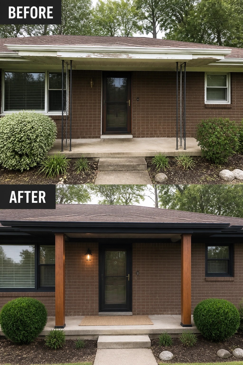 Before-and-after image of a front porch updated by replacing metal support posts with wooden columns, adding a new exterior light, trimmed shrubs, and a doormat.