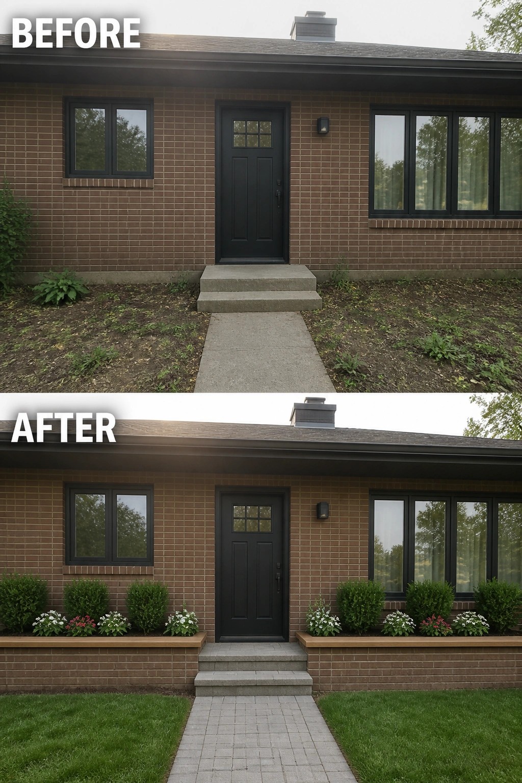 Before-and-after image of a plain front entry updated with raised planters, shrubs, seasonal flowers, and a paved walkway.
