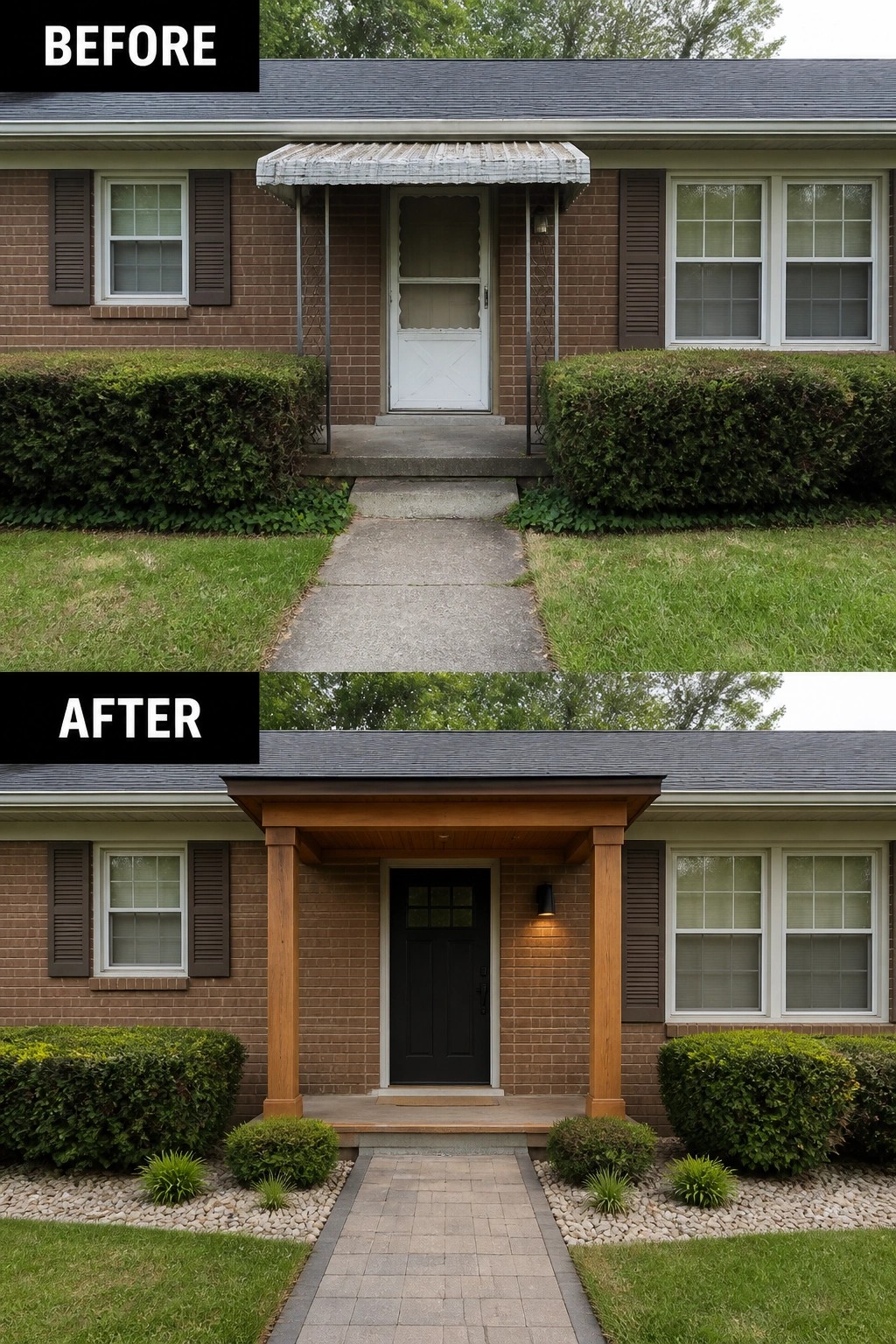 Before-and-after image of a plain front entry where a small metal awning and concrete step are replaced by a covered wood porch, a new dark door, a paver path, and planted borders.