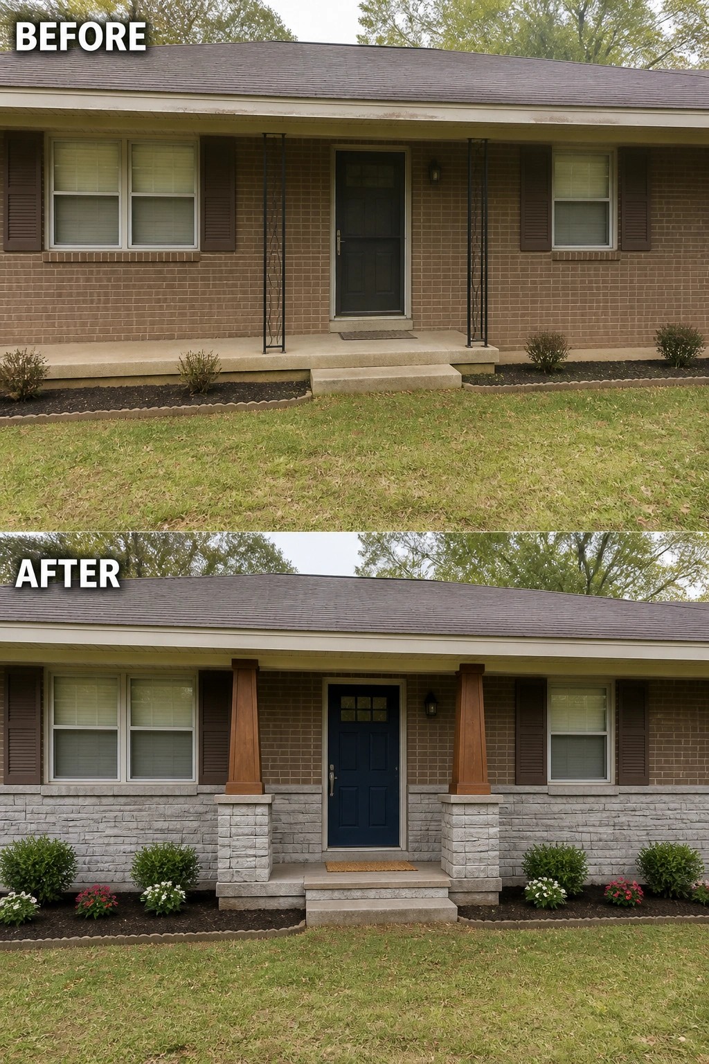 Before-and-after image of a brown brick ranch front porch updated by replacing thin metal posts with tapered wooden columns on stone bases and defining the entry with masonry and plantings.