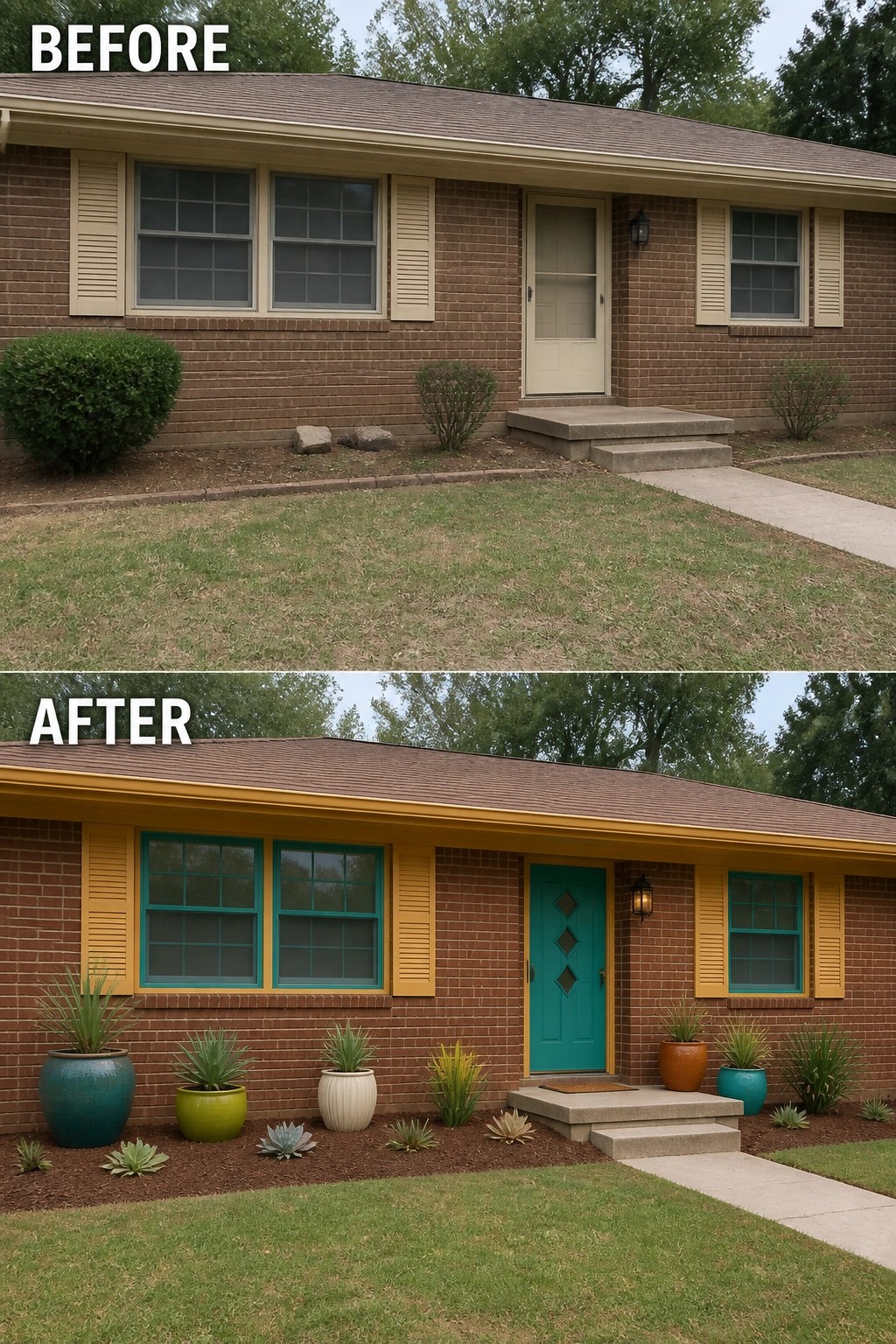 Before-and-after image of a brown brick ranch facade updated by painting the front door and trim a bright color and adding a mulched planting bed with large decorative planters.