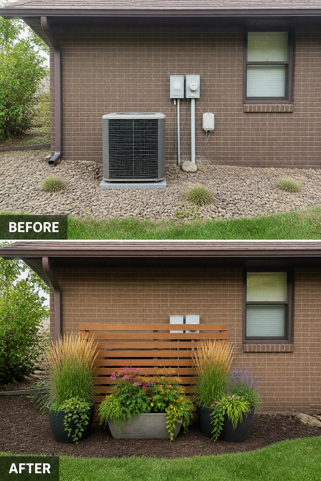 Before-and-after image of a brown brick house exterior where an exposed air conditioner and utility boxes are concealed behind a horizontal wooden slatted screen and flanked by large planted containers.