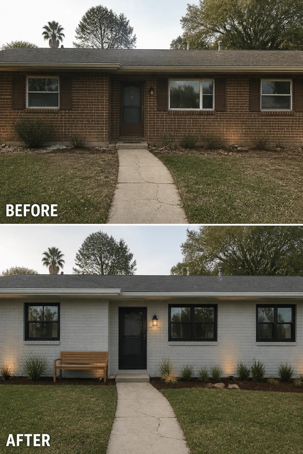 Before-and-after image of a brown brick ranch facade updated by painting the brick light gray, adding black window and door trim, and installing low plantings and exterior lighting.