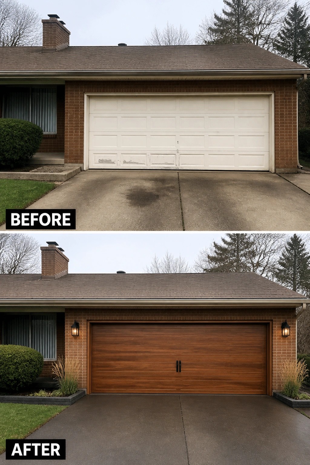 Before-and-after image of a brown brick ranch showing a plain white garage door replaced with a wood-look horizontal panel garage door with black handles and wall lanterns.