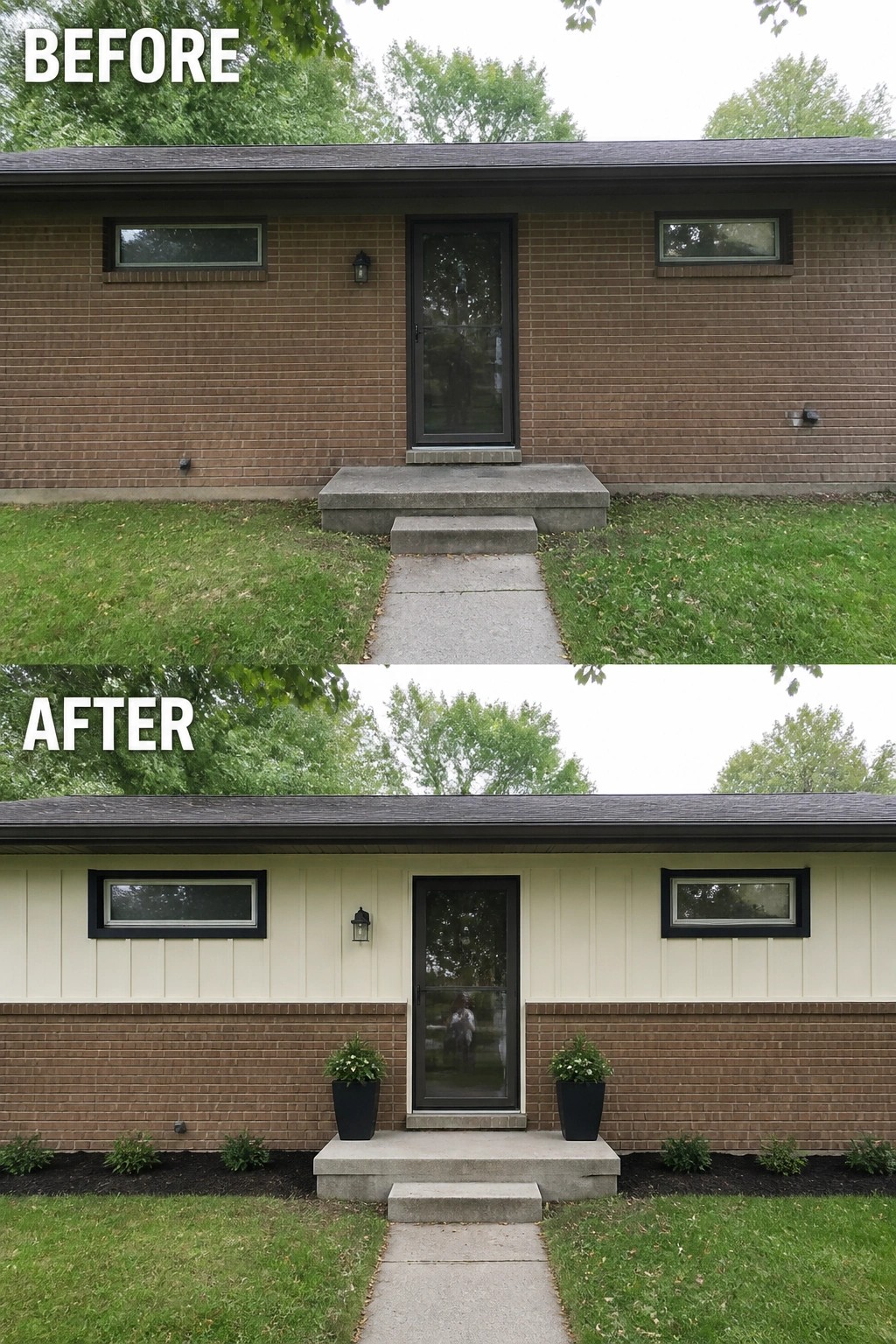 Before-and-after image of a brown brick ranch front updated with painted vertical siding above the brick, dark window trim, and matching planters with a new planted bed.