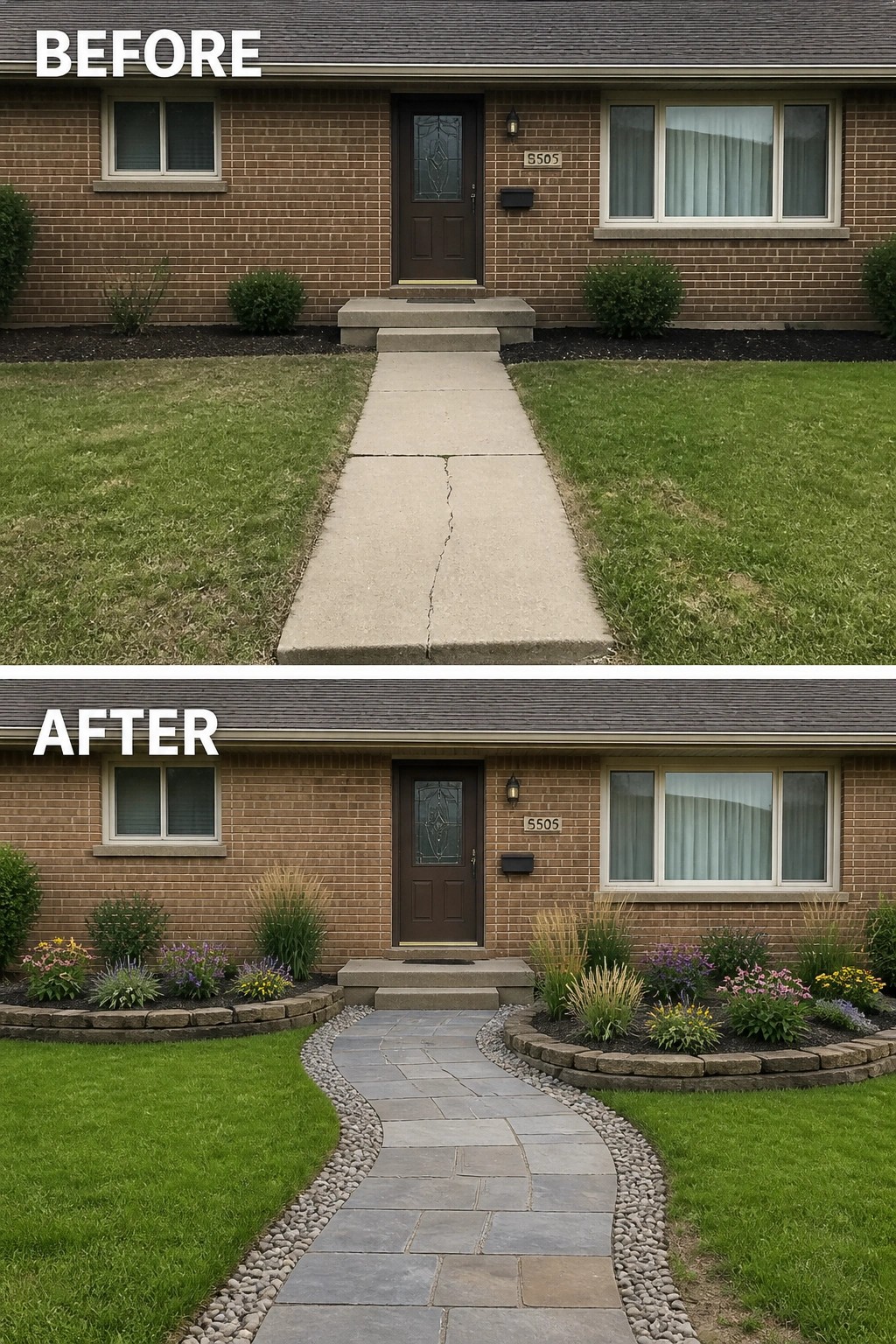 Front brick house with brown door; cracked concrete path replaced by curved stone walkway, flowerbeds.