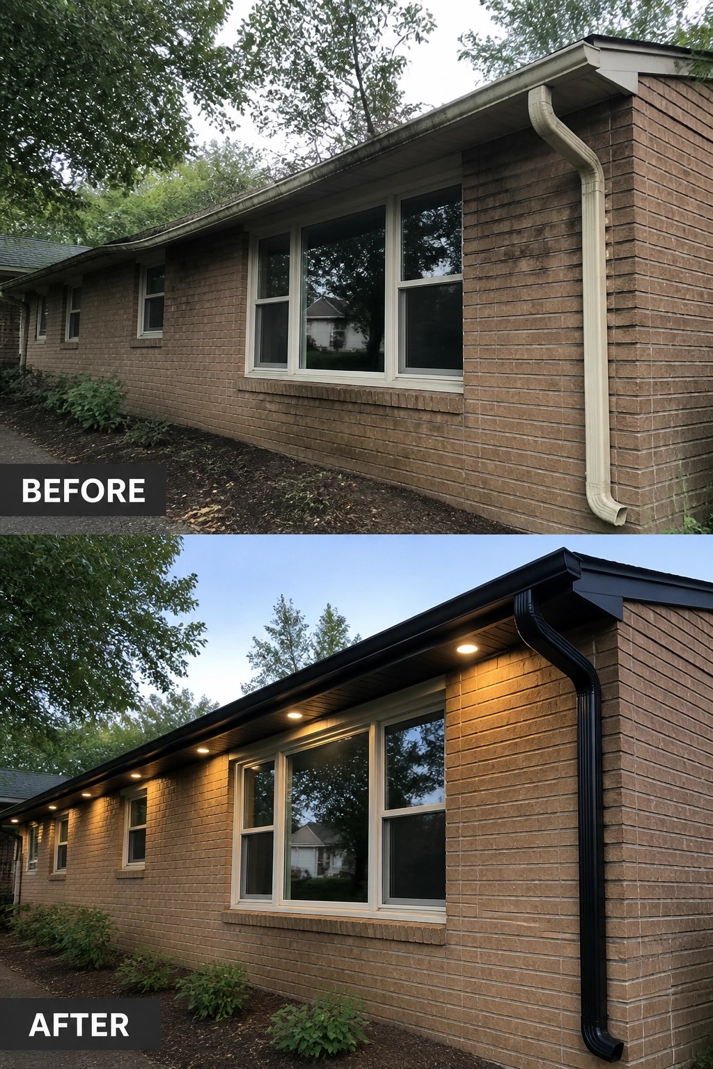 Before-and-after image of a brown brick ranch exterior updated with dark gutters, new trim, and recessed soffit lighting.