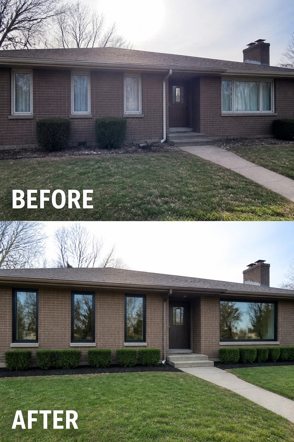 Before-and-after image of a brown brick ranch exterior updated with darker window frames and a neat row of foundation shrubs with fresh mulch.
