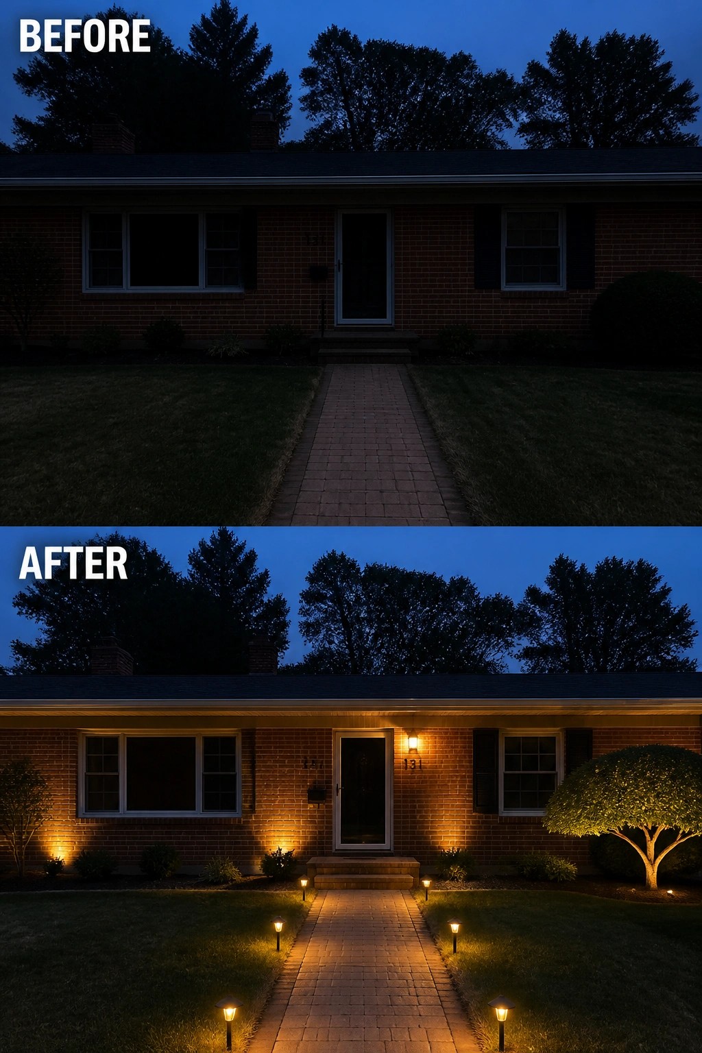 Before-and-after image of a brown brick ranch front showing a dark unlit facade changed to a lit entryway with pathway lights, door sconce, and uplighting on brick and shrub.