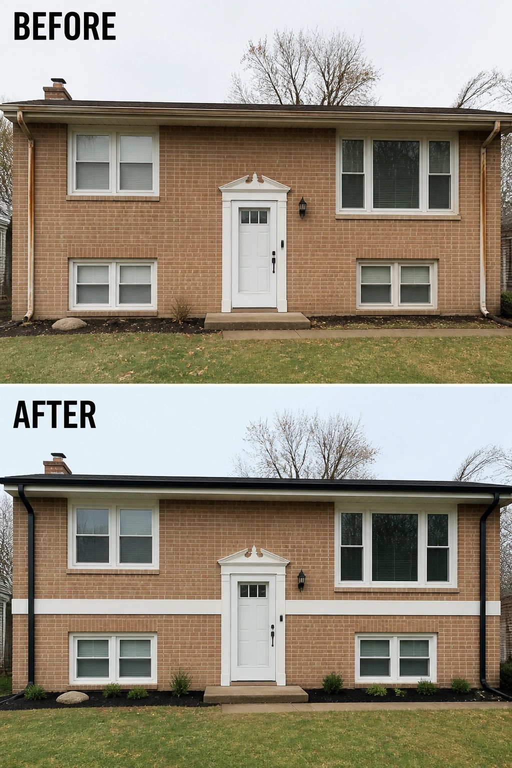 Before-and-after image of a split-level brick house updated with a white horizontal trim band and new low foundation plantings.