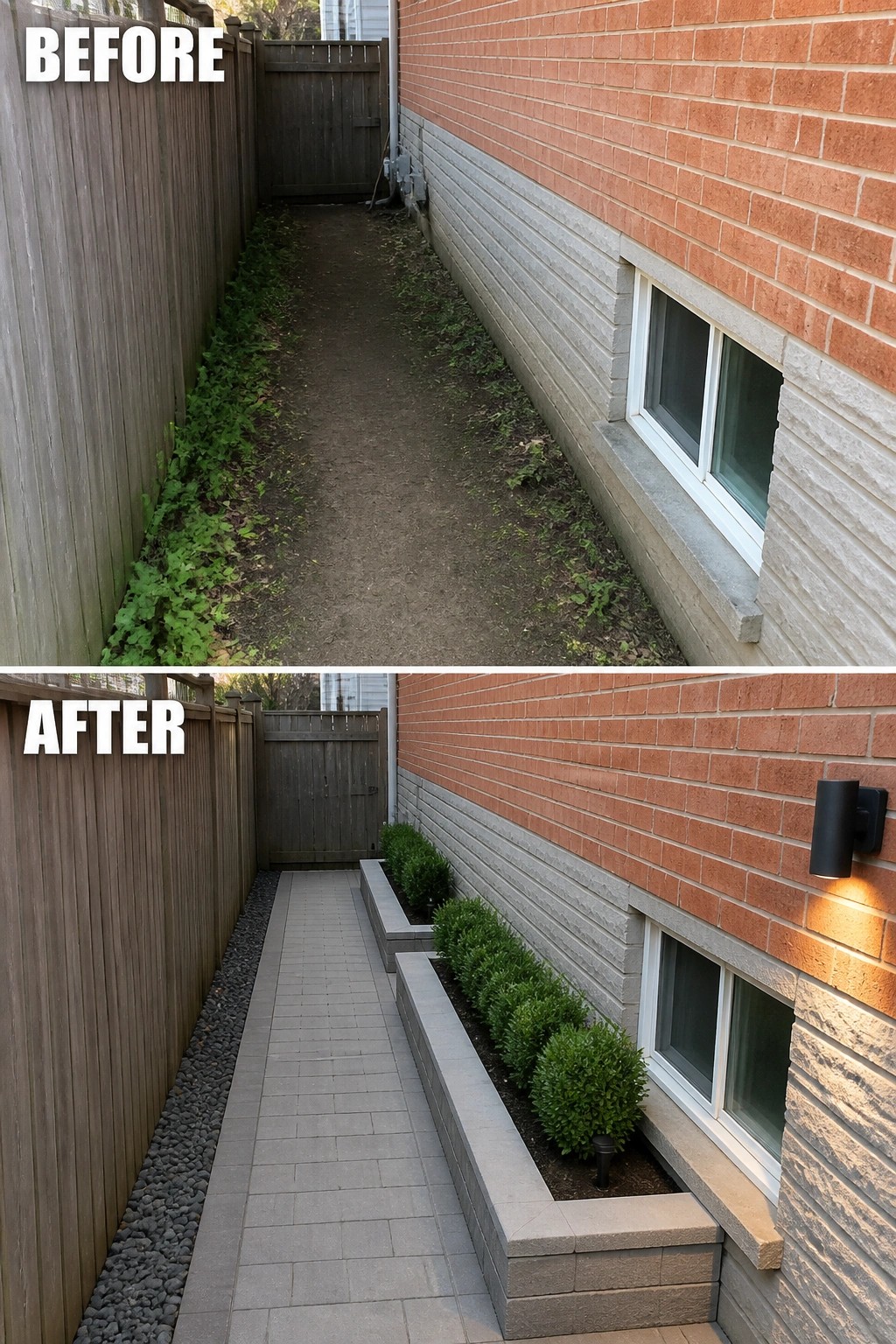Before-and-after image of a narrow side yard showing a dirt path replaced by a paved walkway with a low raised stone planter filled with small evergreen shrubs.