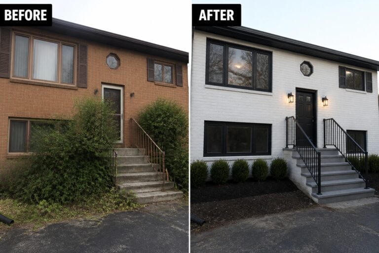 19 Fresh 70s Split Level Exterior Remodel Ideas for Dated Brick Facades Before-and-after image of a 1970s split-level where brown brick and old railings are changed to painted white brick with black trim, new railings, and updated exterior lighting.