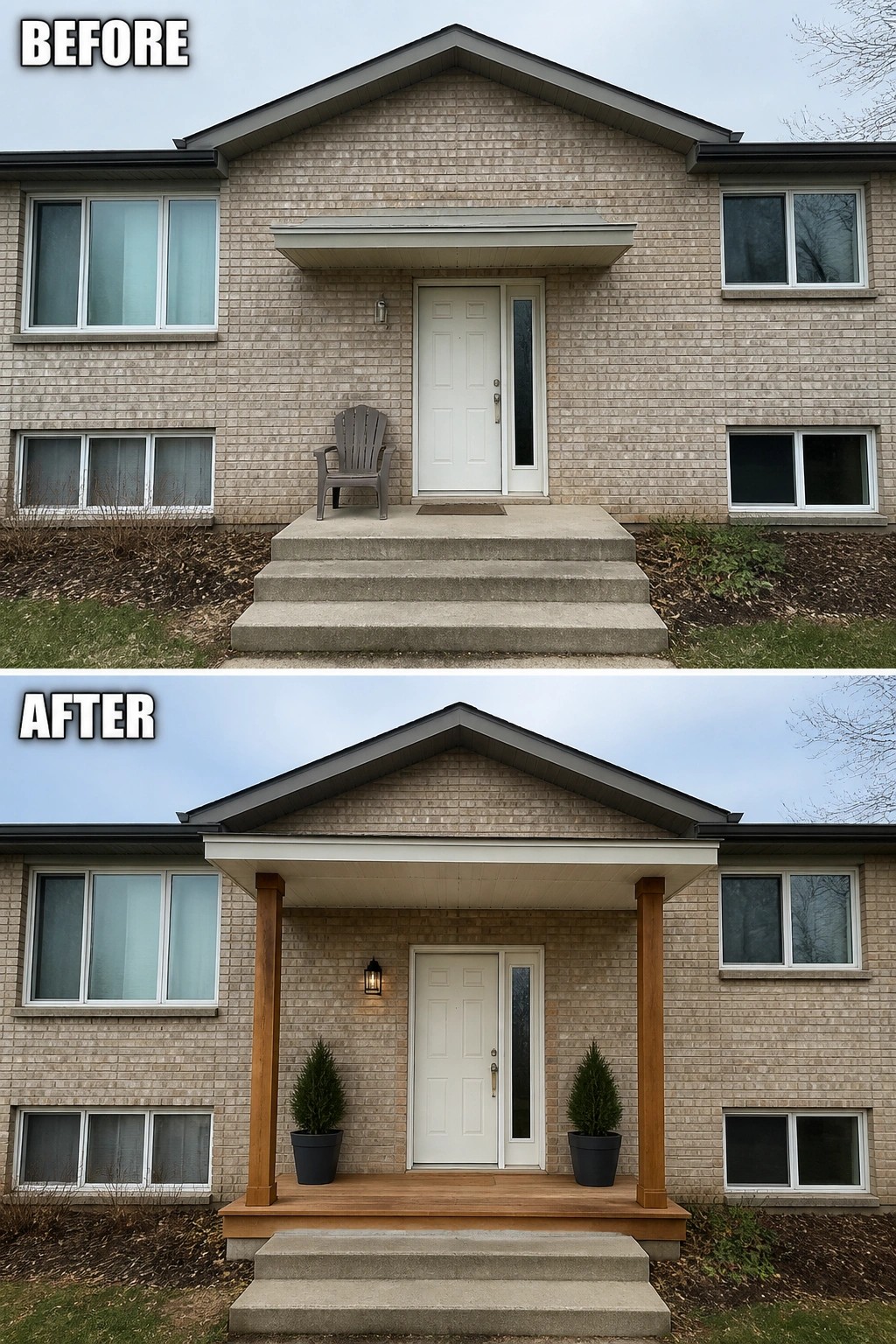 Before-and-after image of a plain split-level entry updated with a covered wooden porch supported by posts, an exterior light, and matching planters.