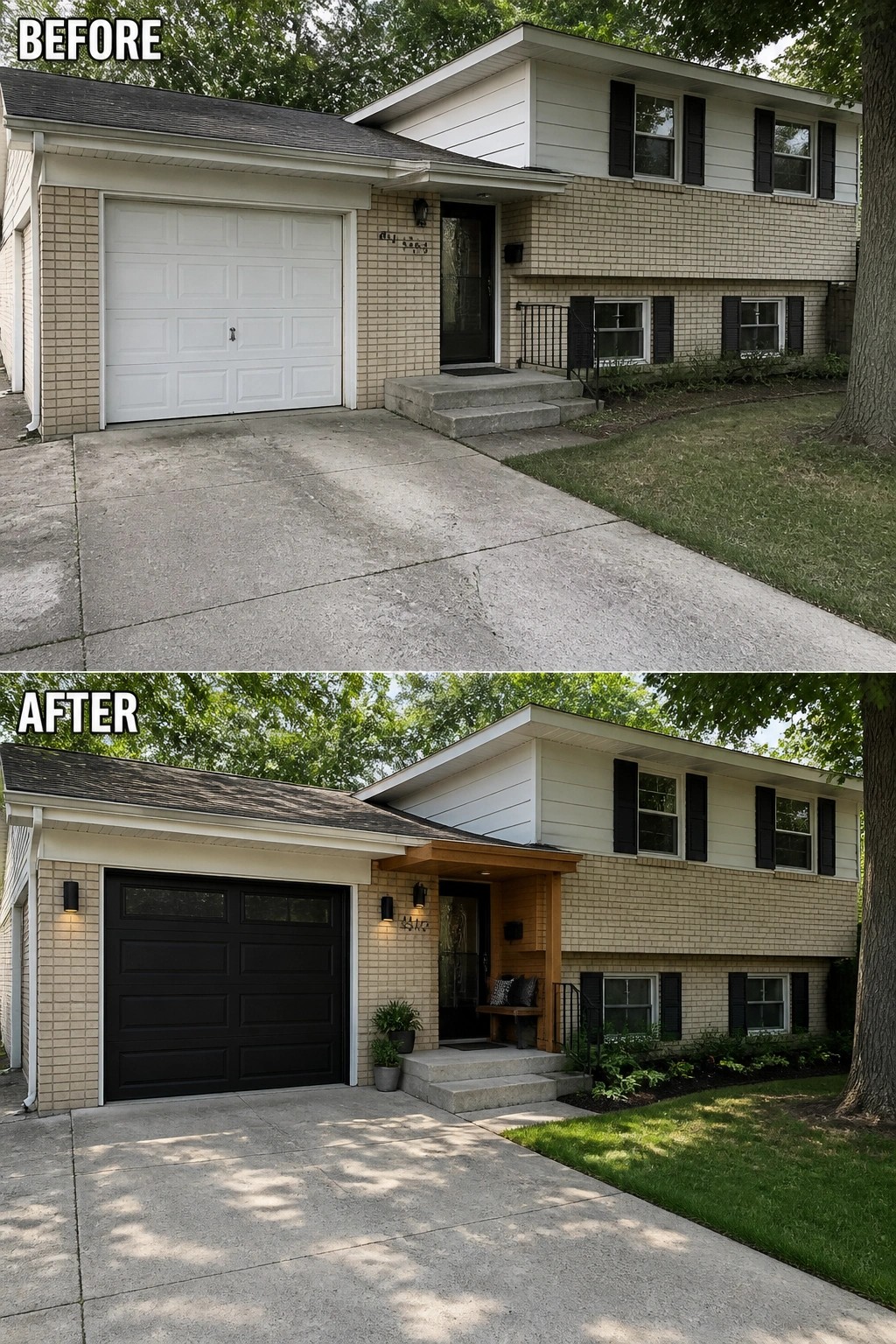 Before-and-after image of a split-level brick house updated by adding a small wood-clad covered entry, new dark garage door and exterior lighting
