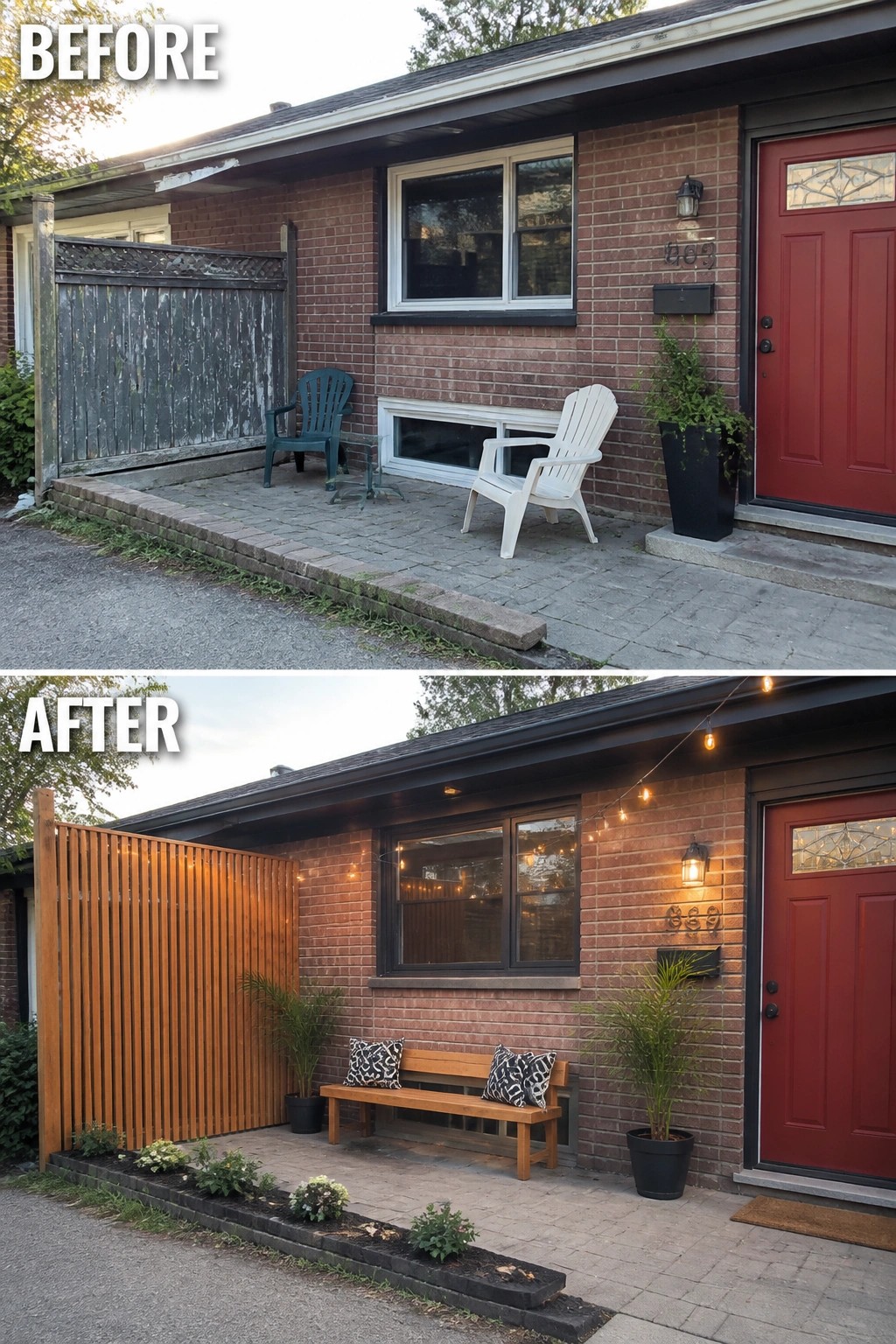 Before-and-after image of a plain front entry updated with a wooden slatted privacy screen, a bench, planters, and string lights.