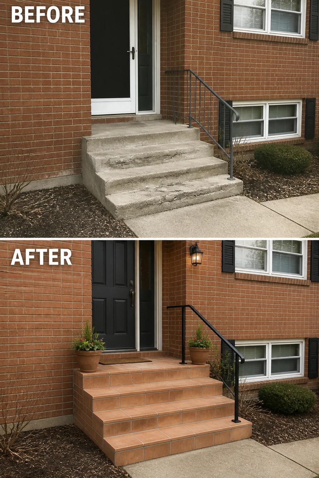 Before-and-after image of a front entry where plain concrete steps are replaced by tiled steps with a new handrail, potted plants, and a darker front door.
