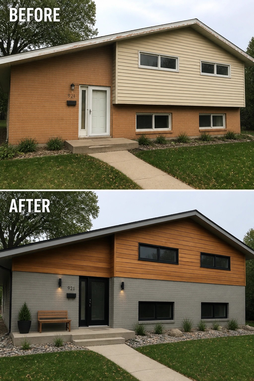 Before-and-after image of a split-level house where the original orange brick is refreshed by painting the lower brick gray and adding warm horizontal siding on the upper level.