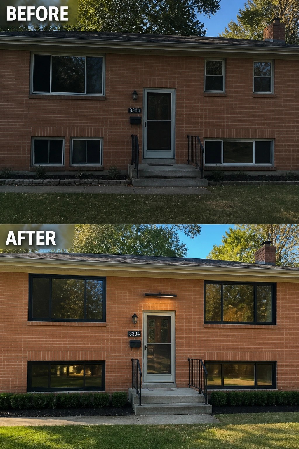 Before-and-after image of a split-level brick house refreshed with darker window frames, new entry lighting, and low hedging.