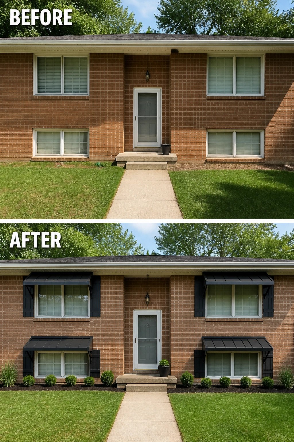 Before-and-after image of a split-level brick house updated with dark window shutters and metal awnings plus a narrow mulch bed of small shrubs and a potted plant at the entrance.