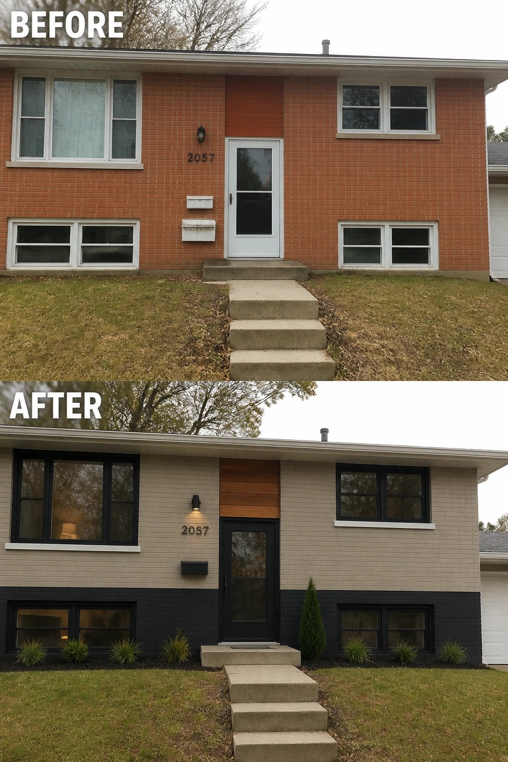 Before-and-after image of a split-level brick house repainted from orange to a light neutral with a dark painted base, plus new black door, trim, exterior light, and small planted beds.
