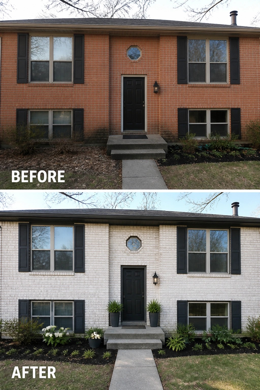 Before-and-after image of a 1970s split-level brick house where the original orange brick is painted white and the entry is updated with dark accents and new planters.