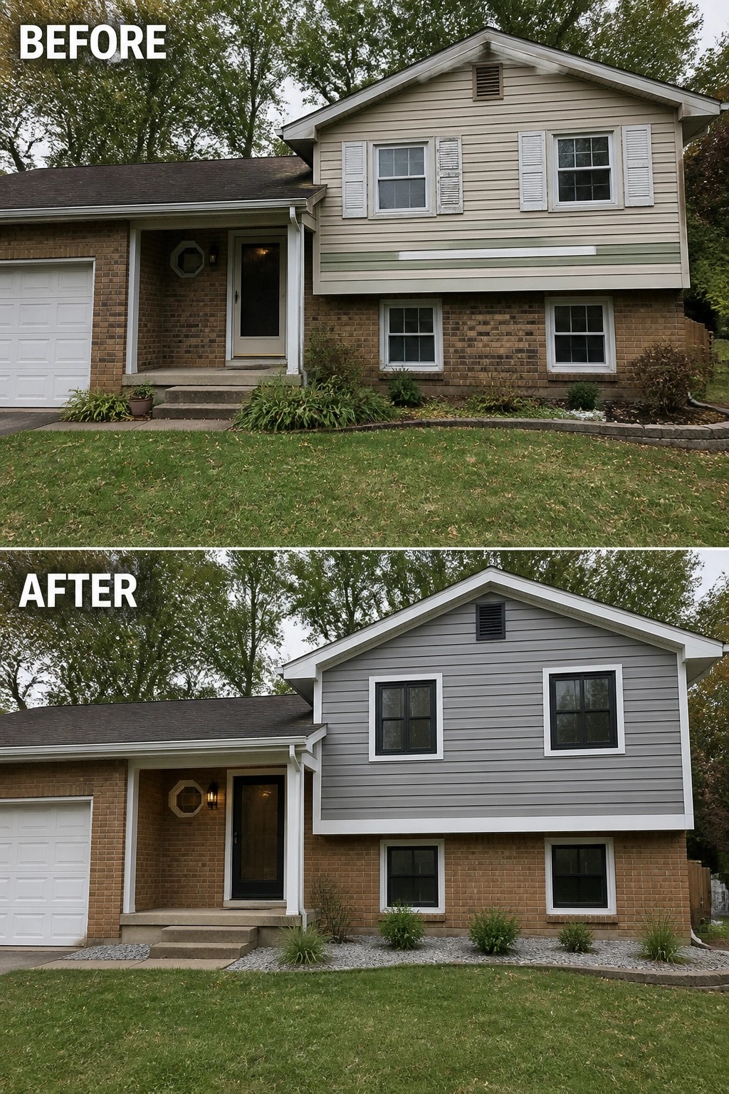 Before-and-after image of a split-level house with beige upper siding replaced by gray siding, new white trim, and darker window frames above the original brick lower level.