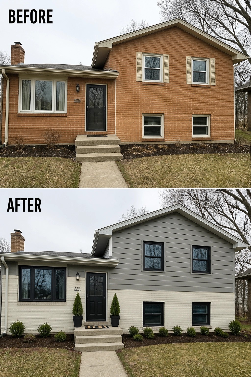 Before-and-after image of a split-level brick house updated by painting the lower brick light, adding gray horizontal siding on the upper gable, and installing dark window and door trim with potted planters.