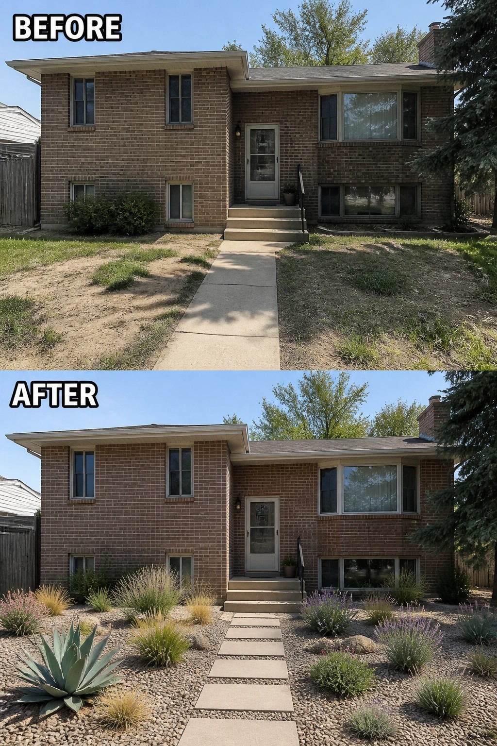 Before-and-after image of a split-level brick house where a patchy lawn was replaced with gravel planting beds, a