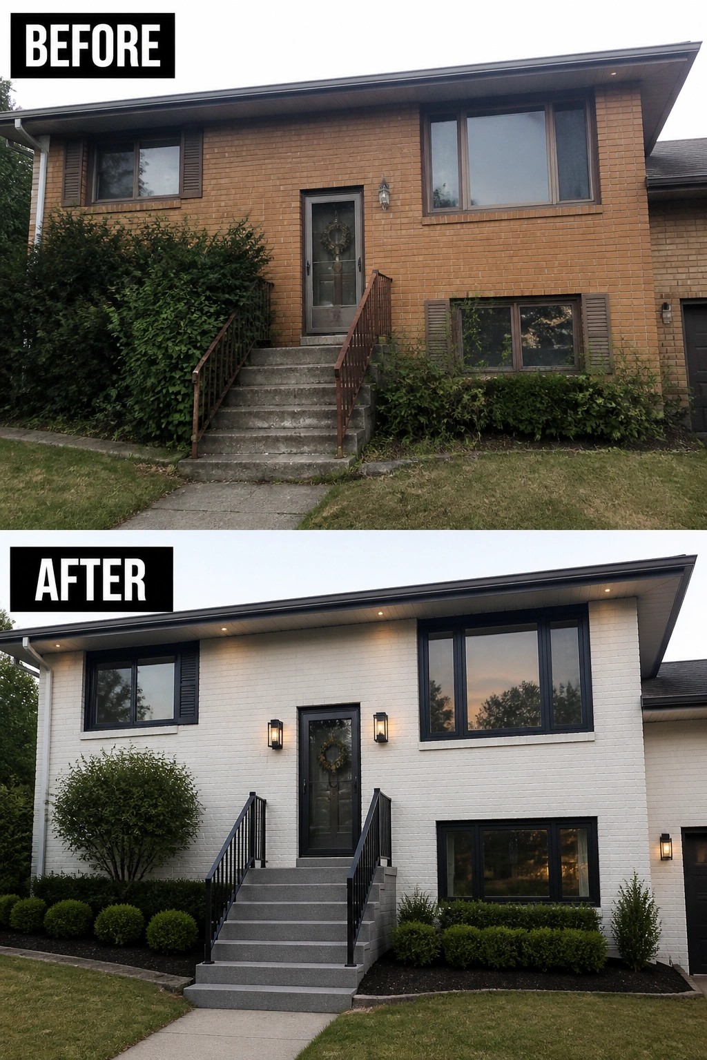 Before-and-after image of a 1970s split-level where brown brick and old railings are changed to painted white brick with black trim, new railings, and updated exterior lighting.