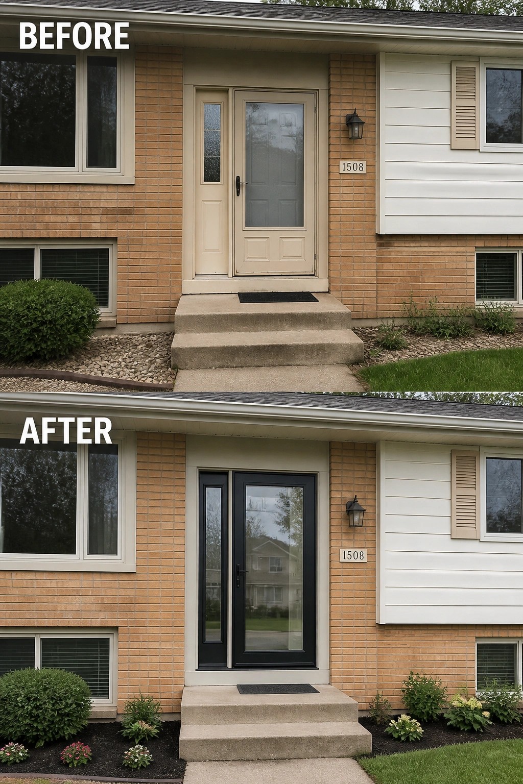 Before-and-after image of a house front where a beige storm door is replaced by a black modern glass door and simple planted beds are added.